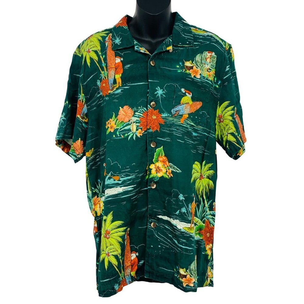 Tommy Bahama Men Hawaiian Aloha Small Shirt Santa Surfing Christmas Coconut EUC